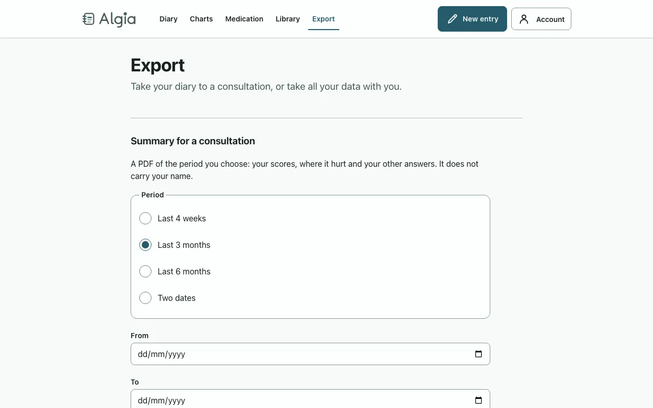 The export screen: a summary for a consultation over a chosen period, and the full export. Shown on a laptop.