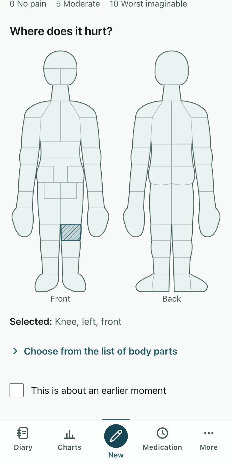 The quick entry screen: a score from 0 to 10 and a body map with one region marked. Shown on a phone.
