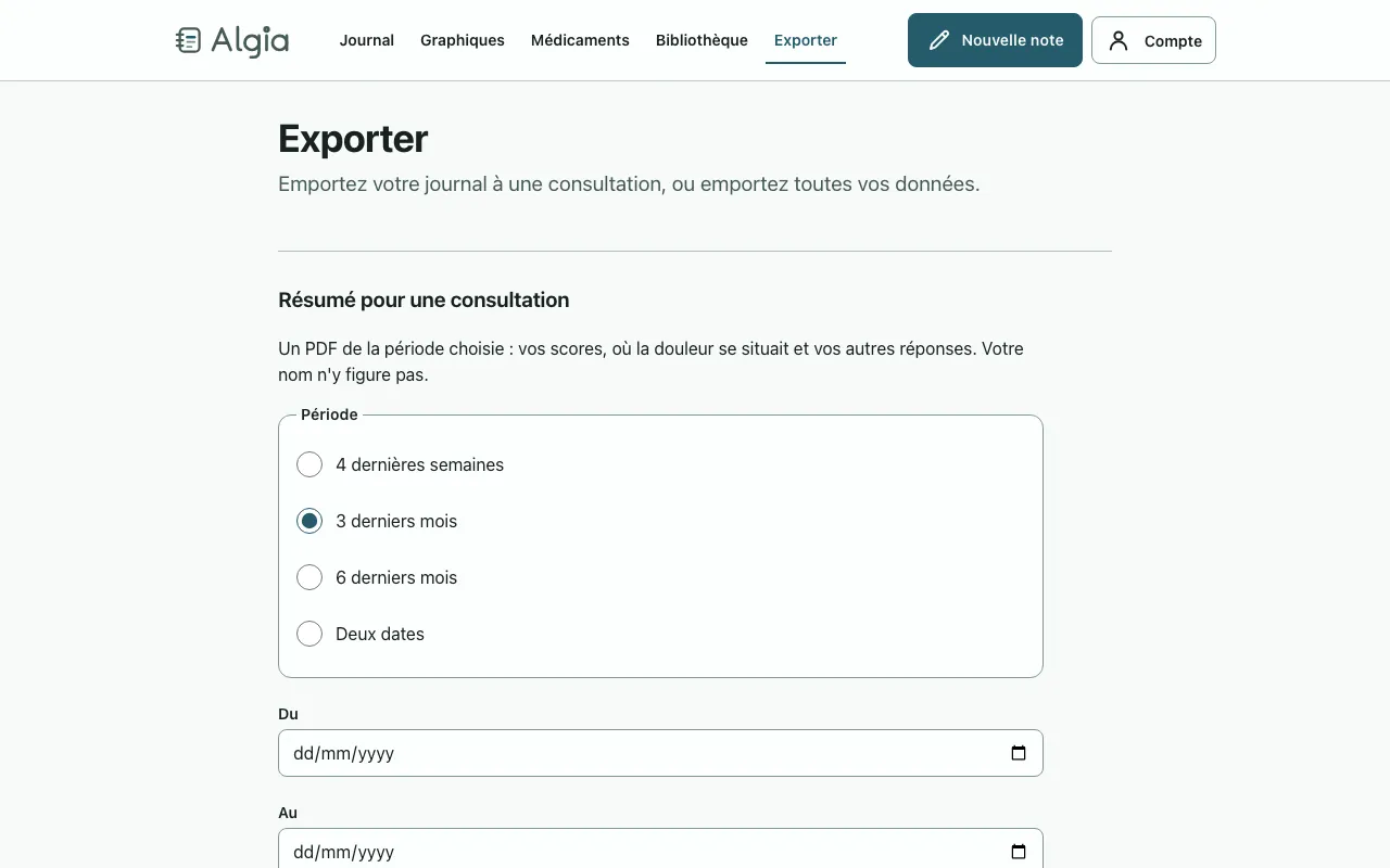 L'écran d'export : une synthèse pour une consultation sur une période choisie, et l'export complet. Sur un ordinateur portable.