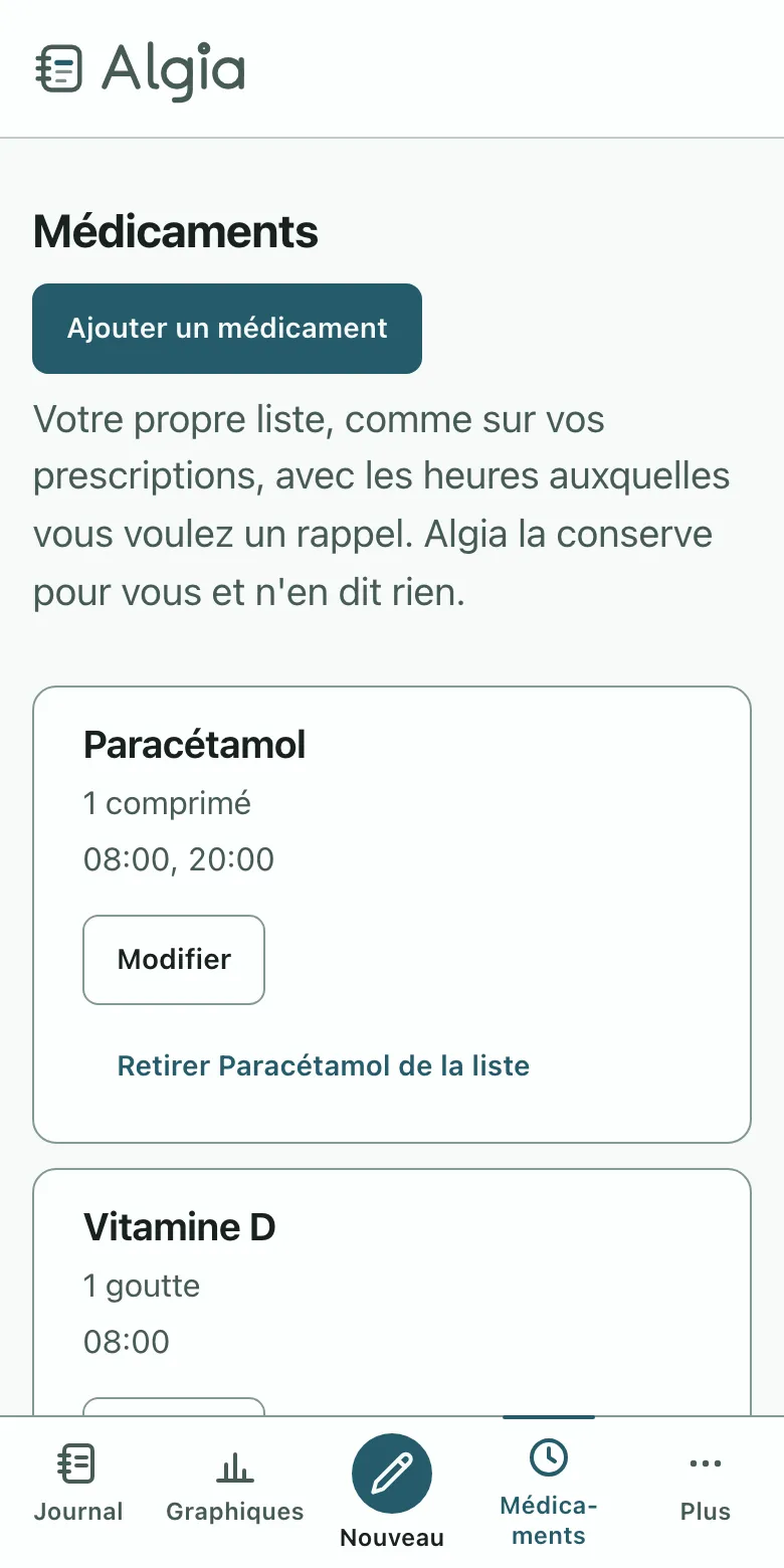 L'écran des médicaments : une liste personnelle avec les heures auxquelles un rappel est envoyé. Sur un téléphone.